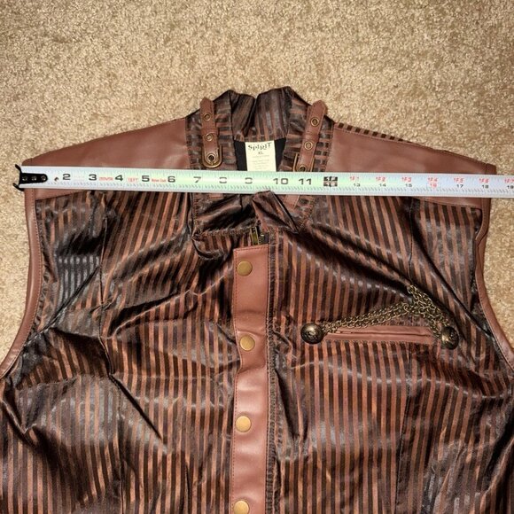 Spirit Halloween Steampunk Vest  XL Brown Striped Faux Leather Buckles Chain - Picture 7 of 7